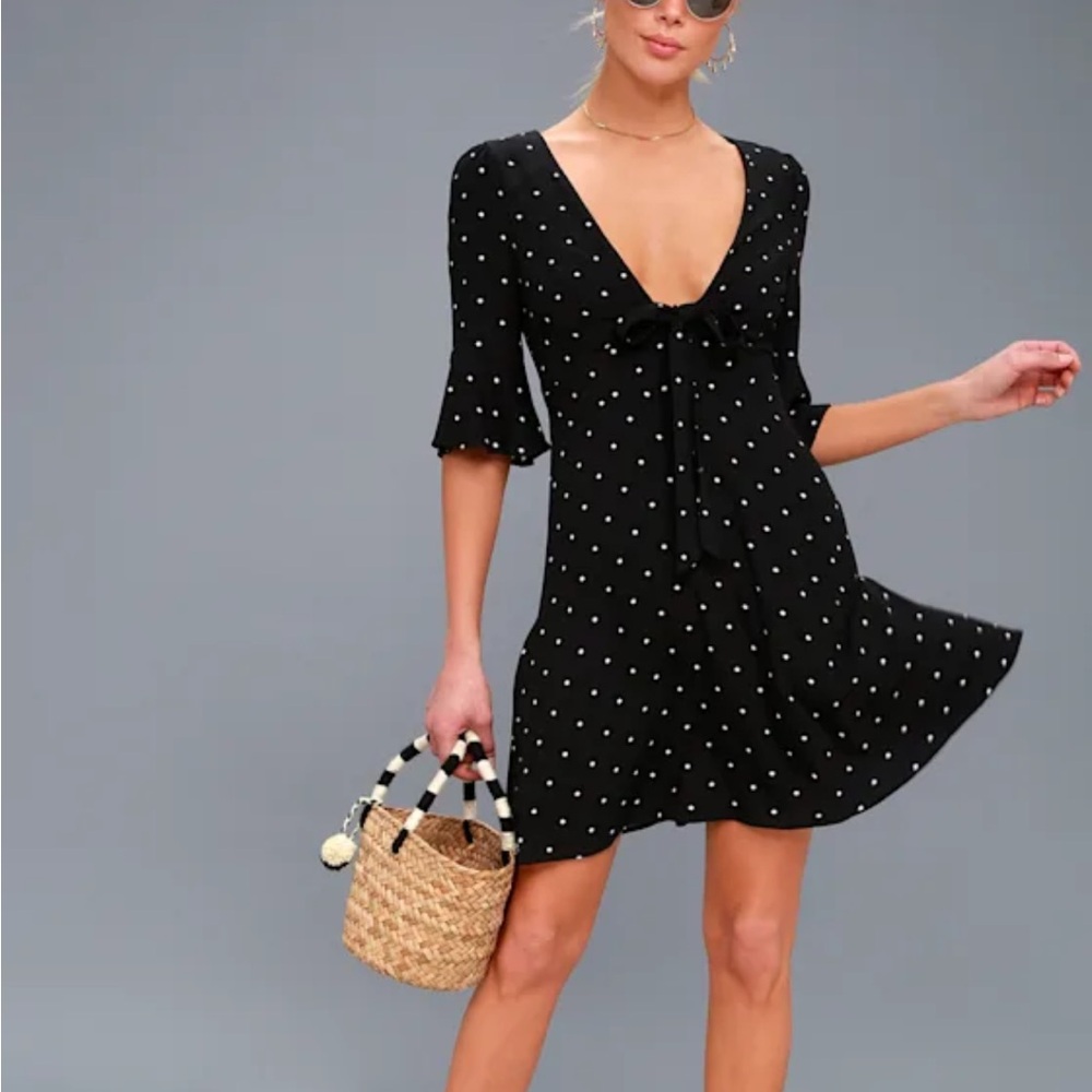 Free People All Yours Black Polka Dot Tie-Front Dress